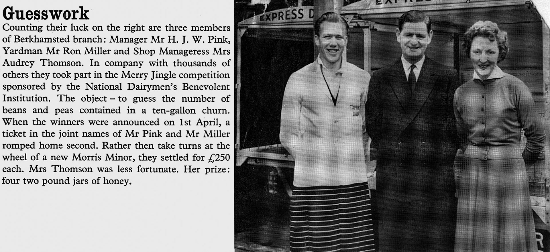 1959 Berkhampstead Manager Mr H.J.W. Pink, Yardman Mr Ron Miller and Shop Manageress Mrs Audrey Thomson are winners in the NDBI competition. Chris Austen comments "In the mid-1960s, as a young Area Manager, my office was at Walter's Yard Bromley; Jack Pink was Depot Sales Manager and he was such a delightful man!" (Express News October)