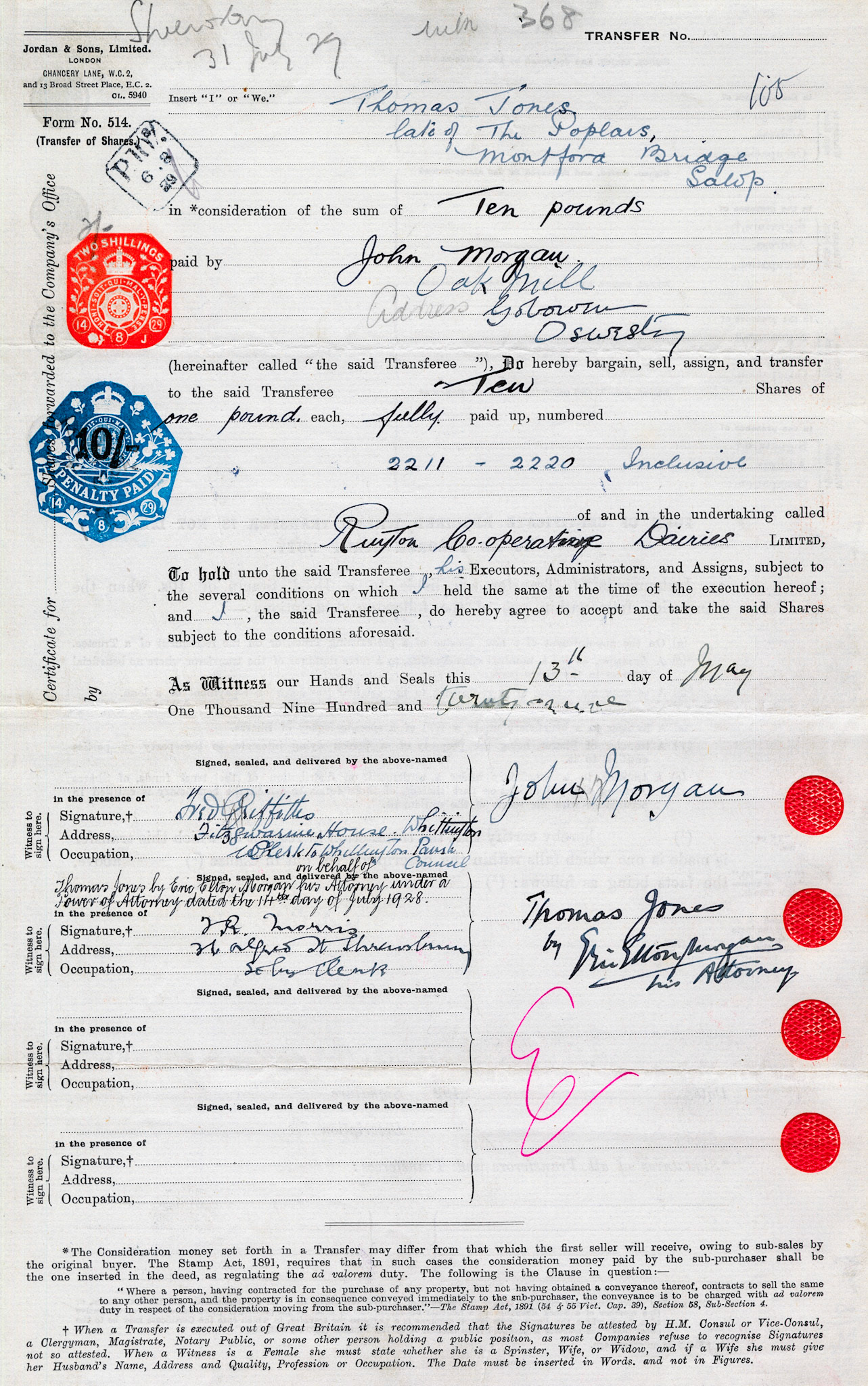1929-Thomas Jones-Share Transfer Form