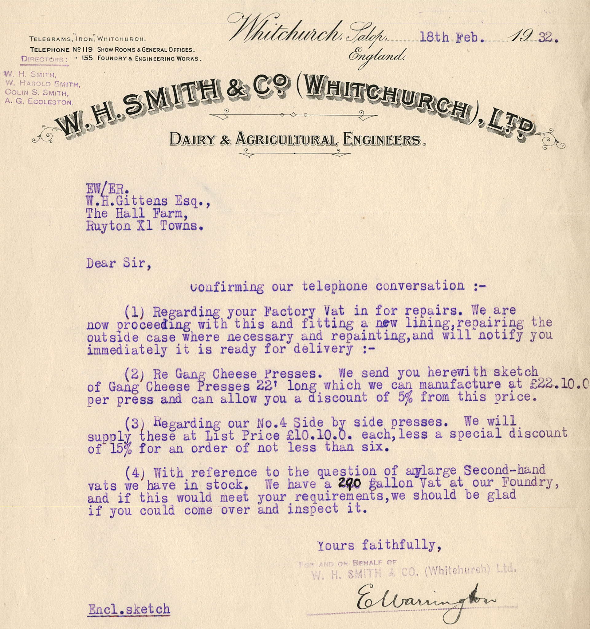 1932 Ruyton Co-operative Dairies-works carried out by W.H. Smith & Co. (Whitchurch) Ltd-Quotation for various items of equipment