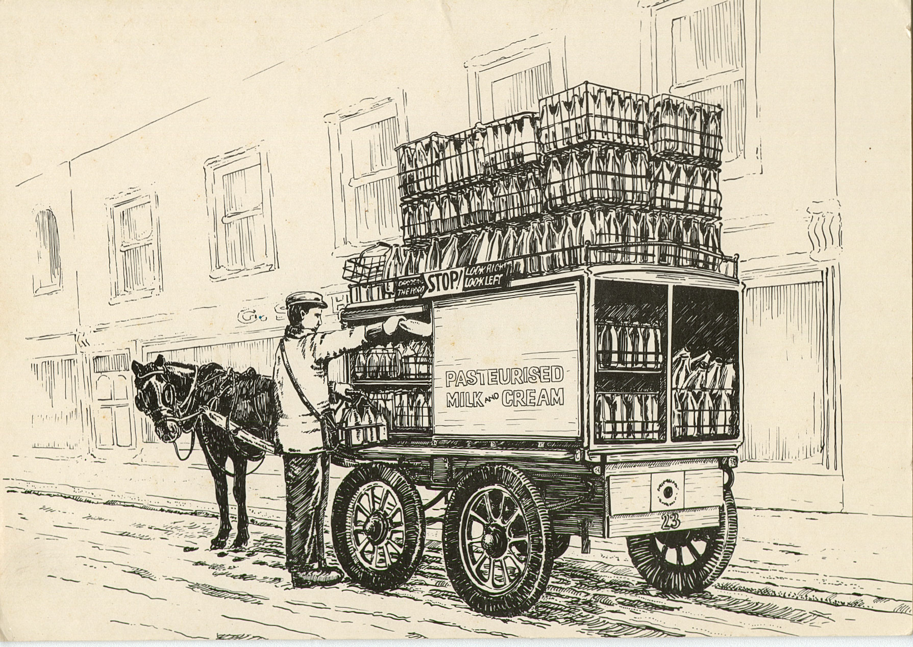 NDBI Xmas card "BRIGHT AND EARLY" sent by Job's milkman Steve Hooper to his customers. (Presented by Elaine Randall in memory of her mother Gwen Axten who lived in Marlborough Road, Hanworth and collected this set of cards over the years.)