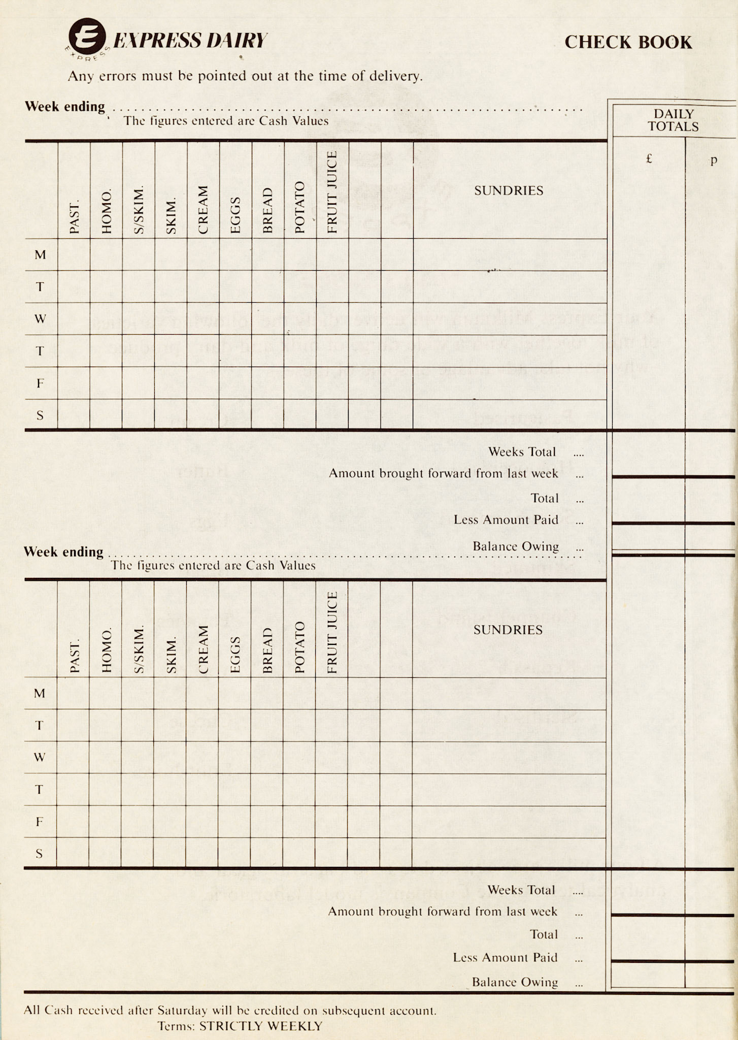 1990's Customer Account Book. Designed to be issued and used by customers for them to check and confirm their deliveries. Robin Fraser Bell comments "We used call them Doorstep books." (Courtesy Michael Aldread)