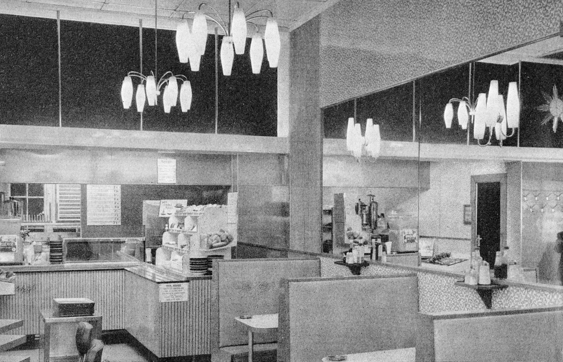 1960 Express restaurant at 131 Fleet Street, London-"The new cafeteria on the ground floor, colour scheme black, wine red and gold. (Express News Christmas)