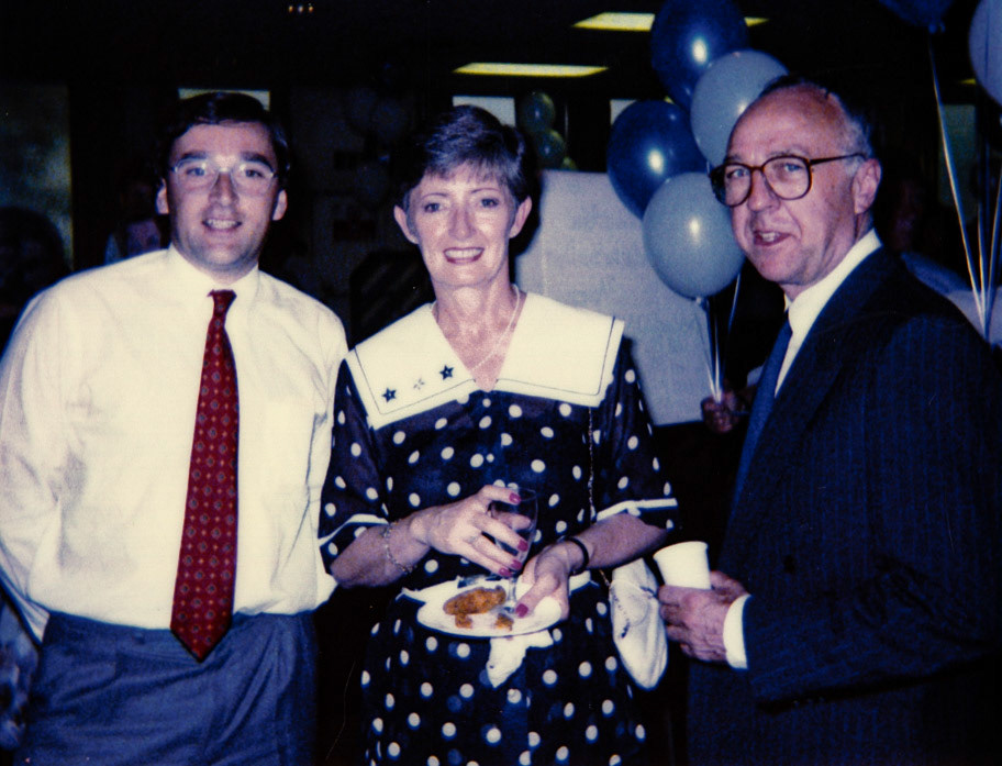1992 June - Beryl Purslove's retirement party (30th June) Marian Morgan centre. Gordon Martin comments "Tony Cunningham on the right and Adrian Wilson on the left. Tony was made redundant from National Sales at the same time as myself"