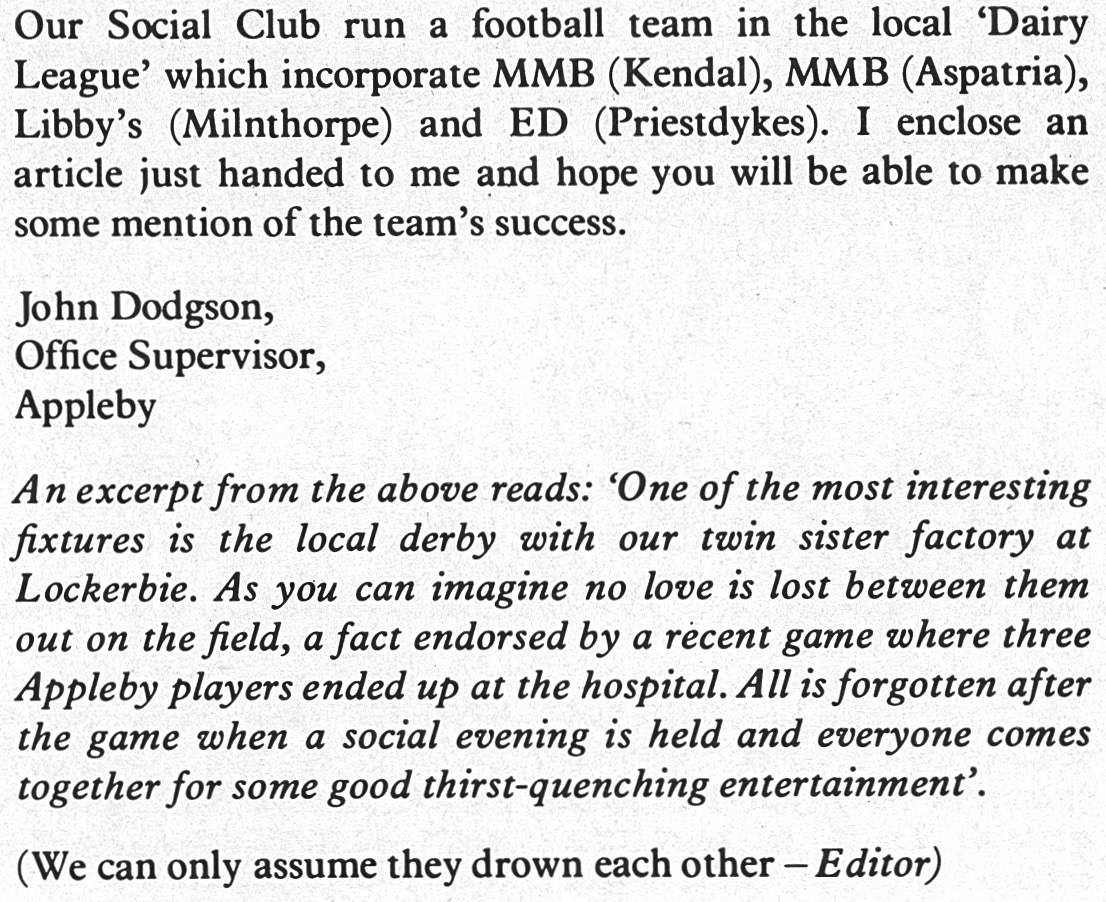 1978 Tales of Appleby football matches with local creameries. (Express News Autumn)