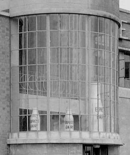 1948 Broadfield Road. Mark Hudson comments "Photos of the glass foyer, with large mock milk bottles on display." (Courtesy Milkmark Mark Hudson)