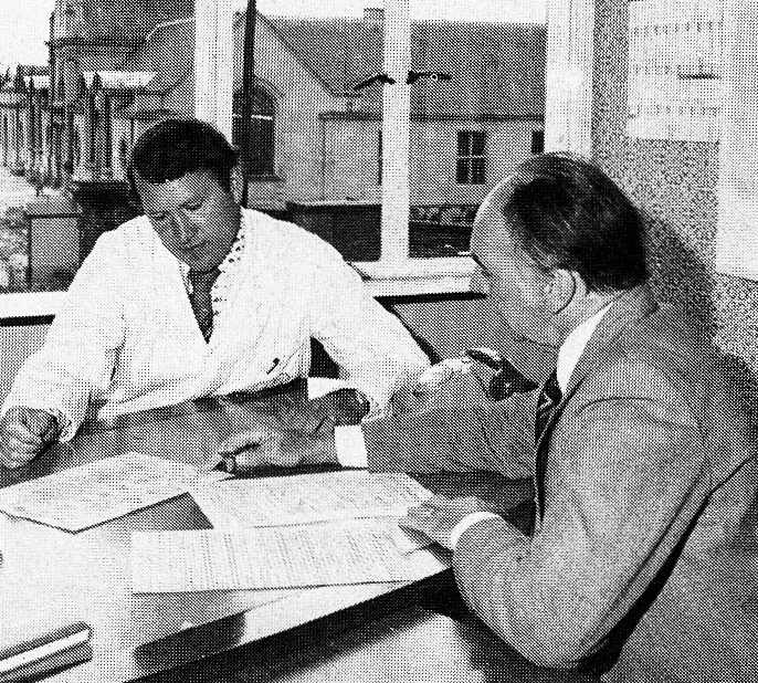 1980 Wakefield. Roger Lunn, Factory Manager with Harold Underwood, Yorkshire Area Director. Roger has been 'in milk' from the age of five, through family connections. Harold's service dates back to 1936 when he joined Chatsworth Dairy in Sheffield. His service was interrupted by serving his country and he also left for a short period to work with his brother, "until I cut myself one day and found milk instead of blood, and returned to the dairy industry." He is involved locally in the work of the National Dairymen's Association and is chairman of its bi-annual conference in the North. (Express News October)