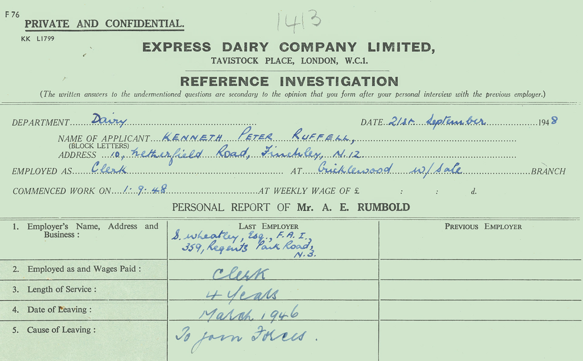 1948 Cricklewood staff reference for Kenneth Ruffell, employed as Clerk. (Courtesy Mark Hudson)