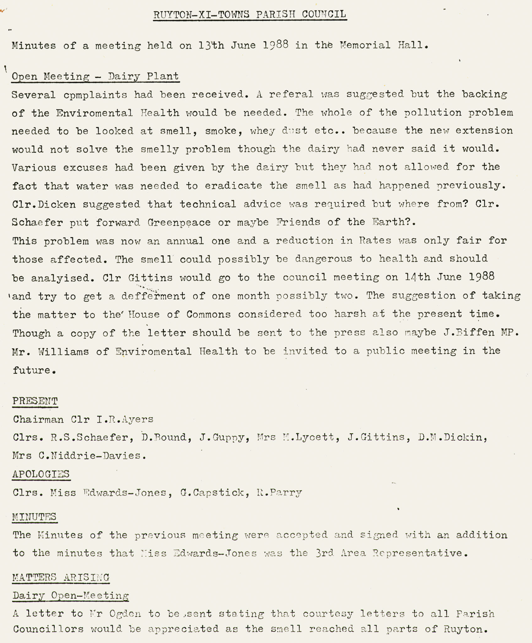 1988 minutes of Ruyton-XI-Towns Parish Council referring to an Open Meeting to discuss the complaints about odour, and a request for N.J. Ogden, Creamery Manager to write to all Parish Councillors.  (Ruyton Co-operative Dairies Archive)