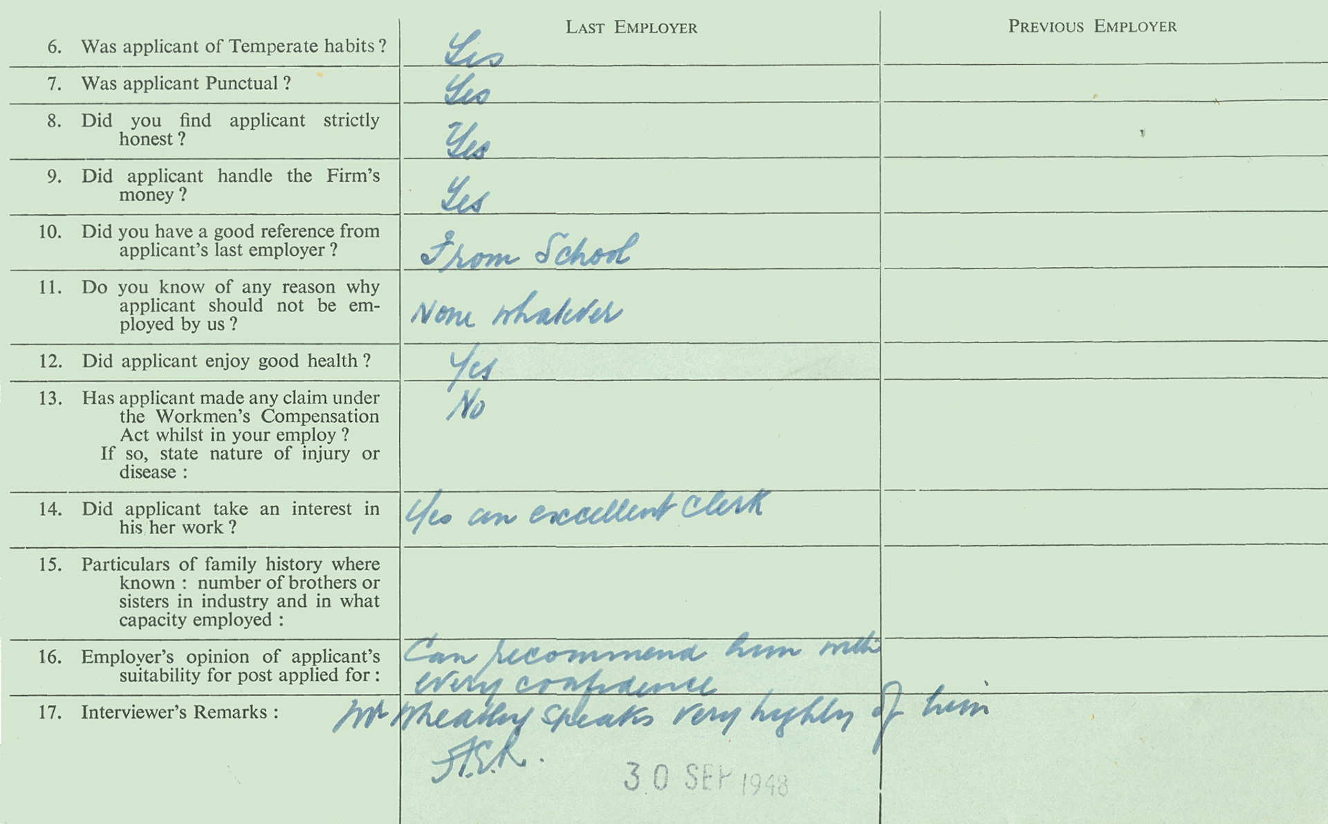 1948 Cricklewood staff reference for Kenneth Ruffell, employed as Clerk. (Courtesy Mark Hudson)