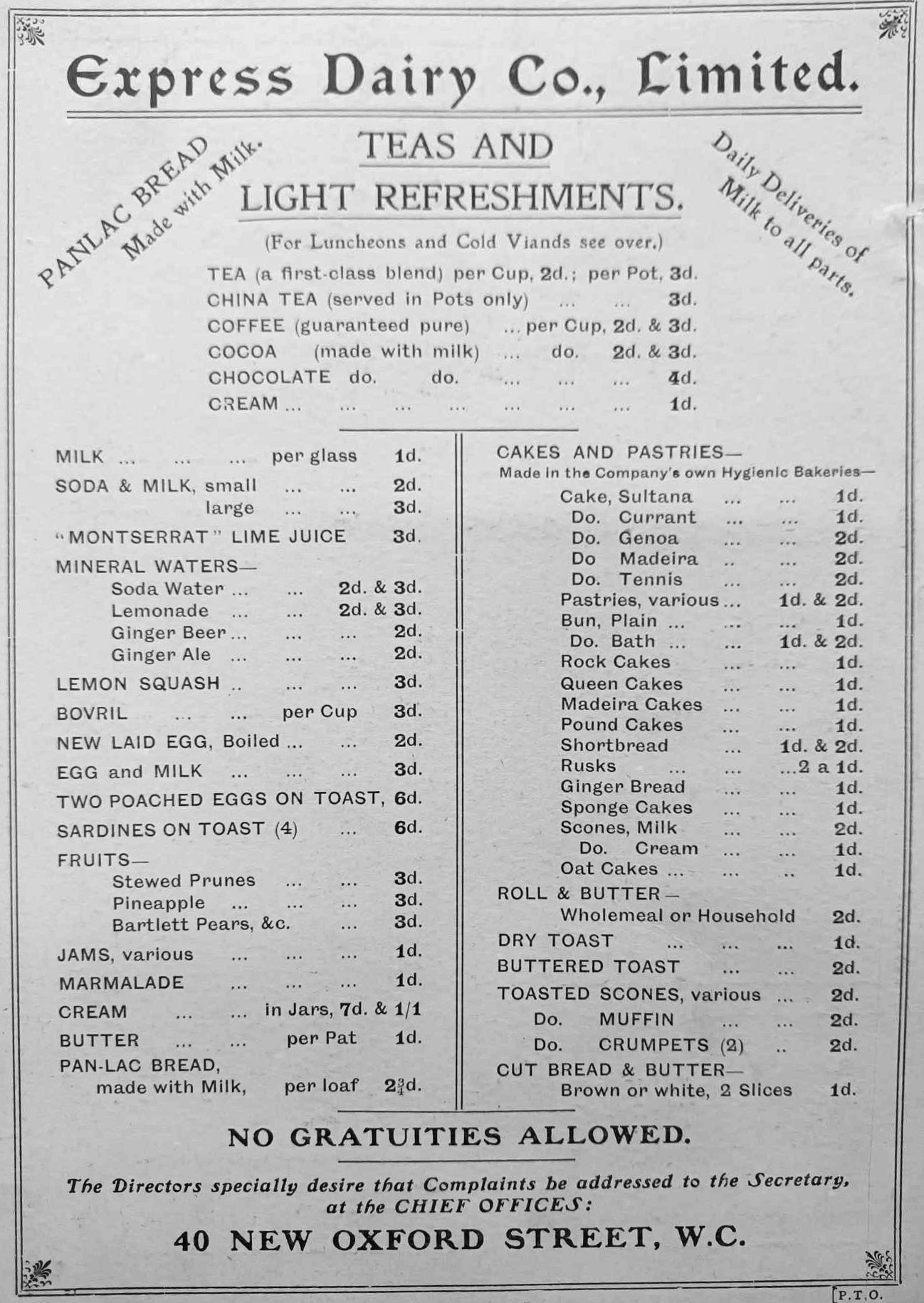 1930's? Express Dairy Restaurant Menu. (Courtesy Gerald Croxford)