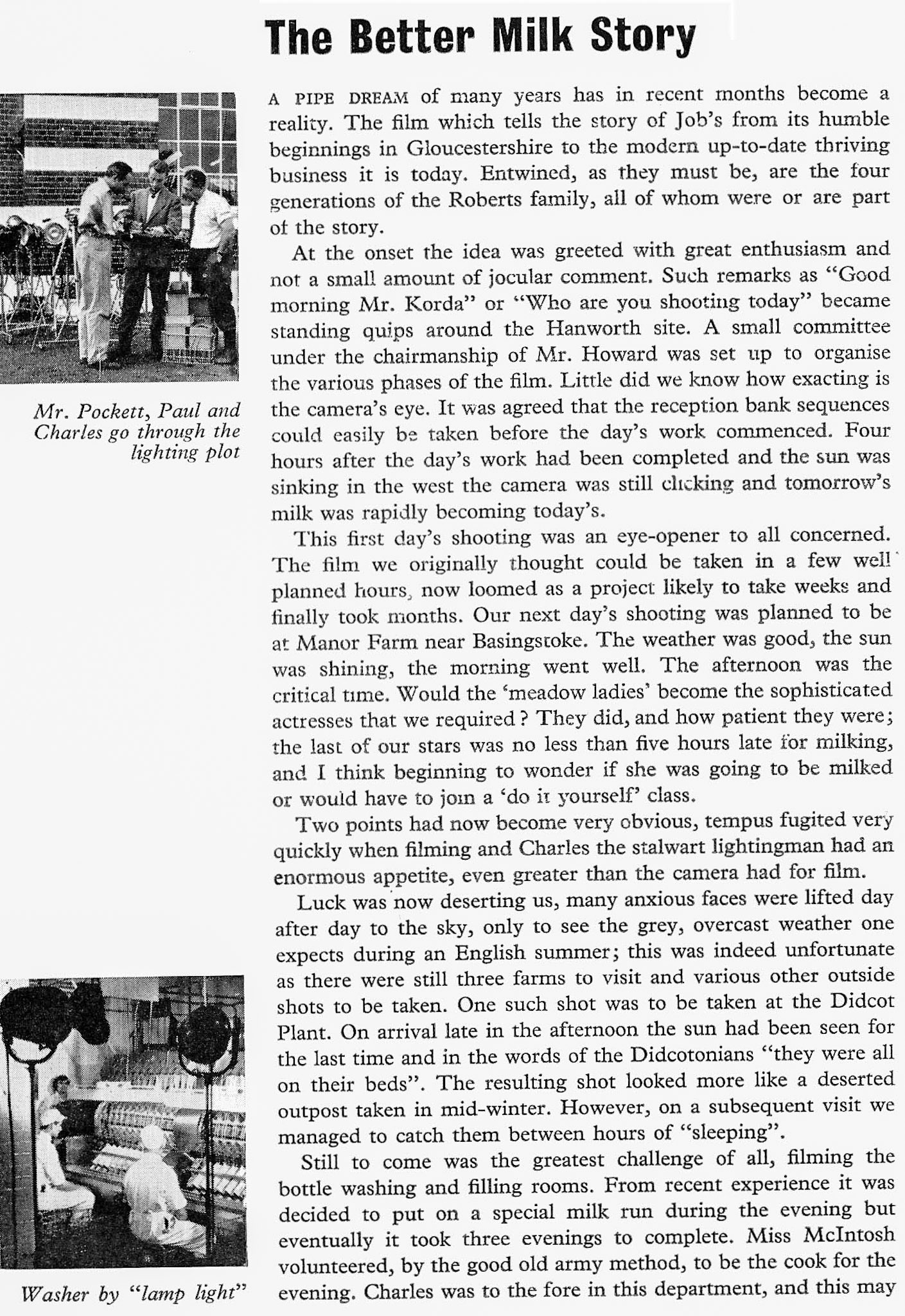 1963 The filming of 'The Better Milk Story' at Job's Dairy, Hanworth.(From Book of Job House Magazine, Winter)