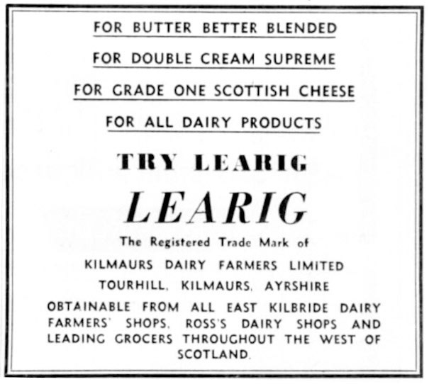 1961 Advertisement for Kilmaurs Dairy Farmers and their trademark 'Learig' (a ridge left unploughed in a cultivated field) (Courtesy Alan Salt)