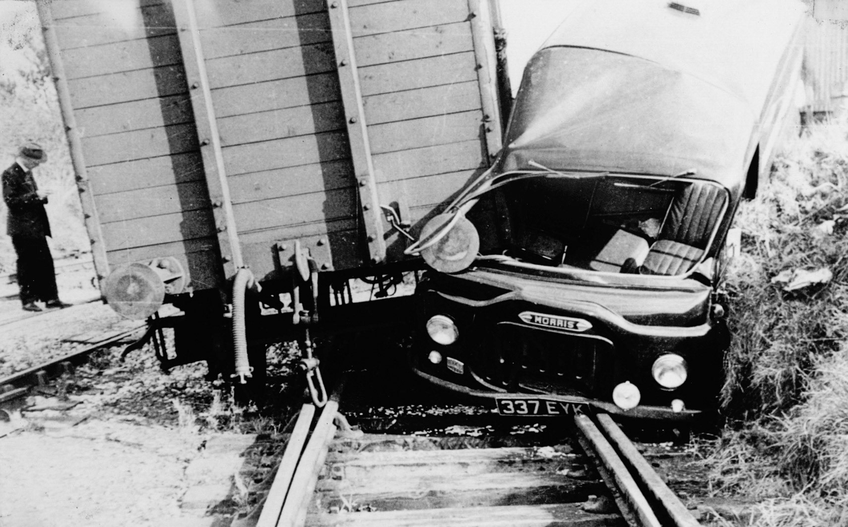 1962 winter. "Driver Jack Socket escaped with a twisted ankle". Patrick Taylor comments "The unfortunate man behind the wheel was Mr Jack Socket, I dont believe that he was seriously injured. At that time the railway virtually split the site in half, when carriages were shunted to factory carrying coal for the boilers-which were coal fired at that time. Products such as cheese, condensed milk, and butter were loaded directly onto the wagons and taken by train to distribution points. I think the last train to use the line for transporting products in and out of Minsterley was between 1965/6." (Courtesy Joe Lyons)