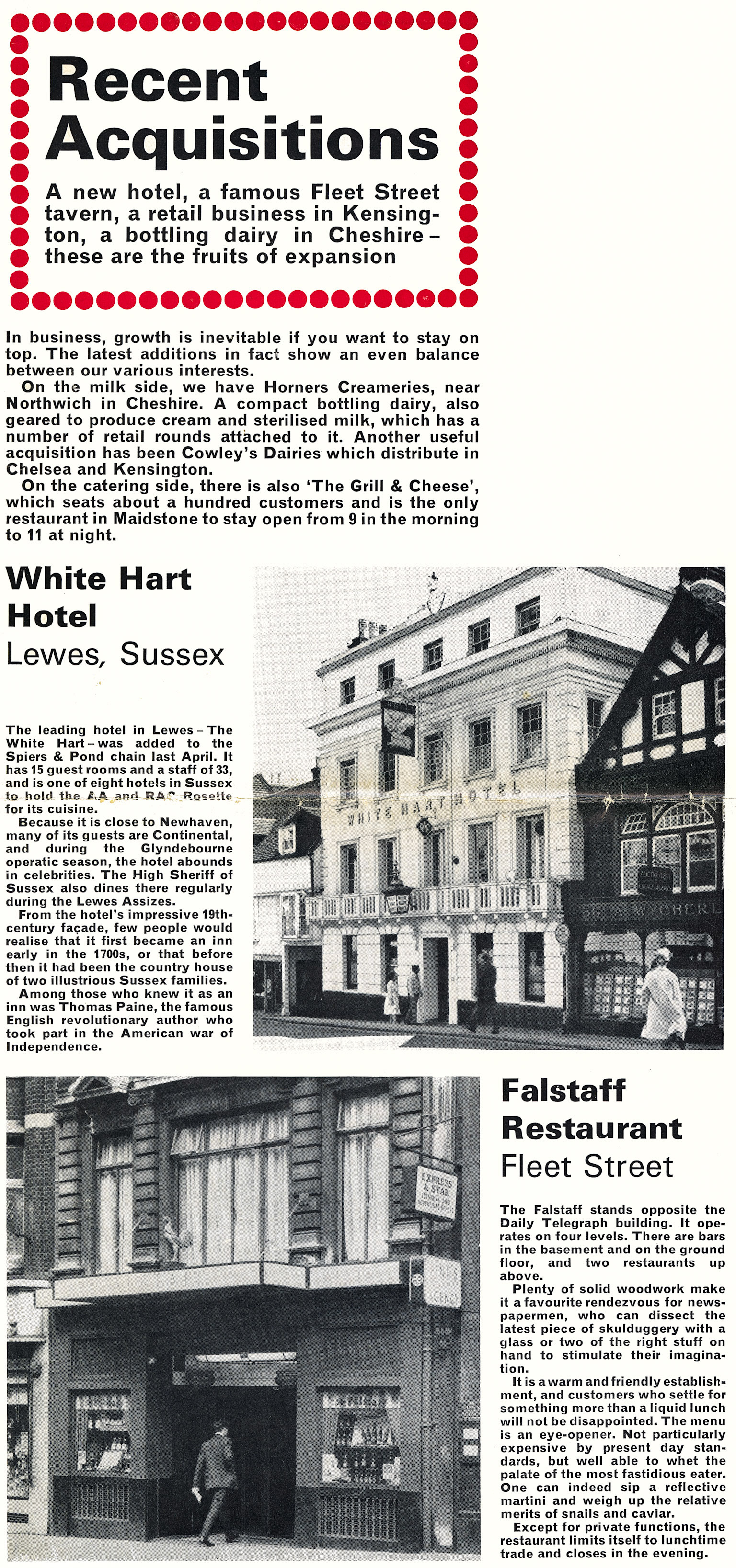 1964 acquisitions including Horner's Creameries (Cuddington), Cowley's Dairies (Kensington), 'The Grill &amp; Cheese Restaurant (Maidstone), the White Hart Hotel (Lewes) and the Falstaff Restaurant (Fleet Street). From August 'Express Extra' newsletter (Courtesy Paul Luke)