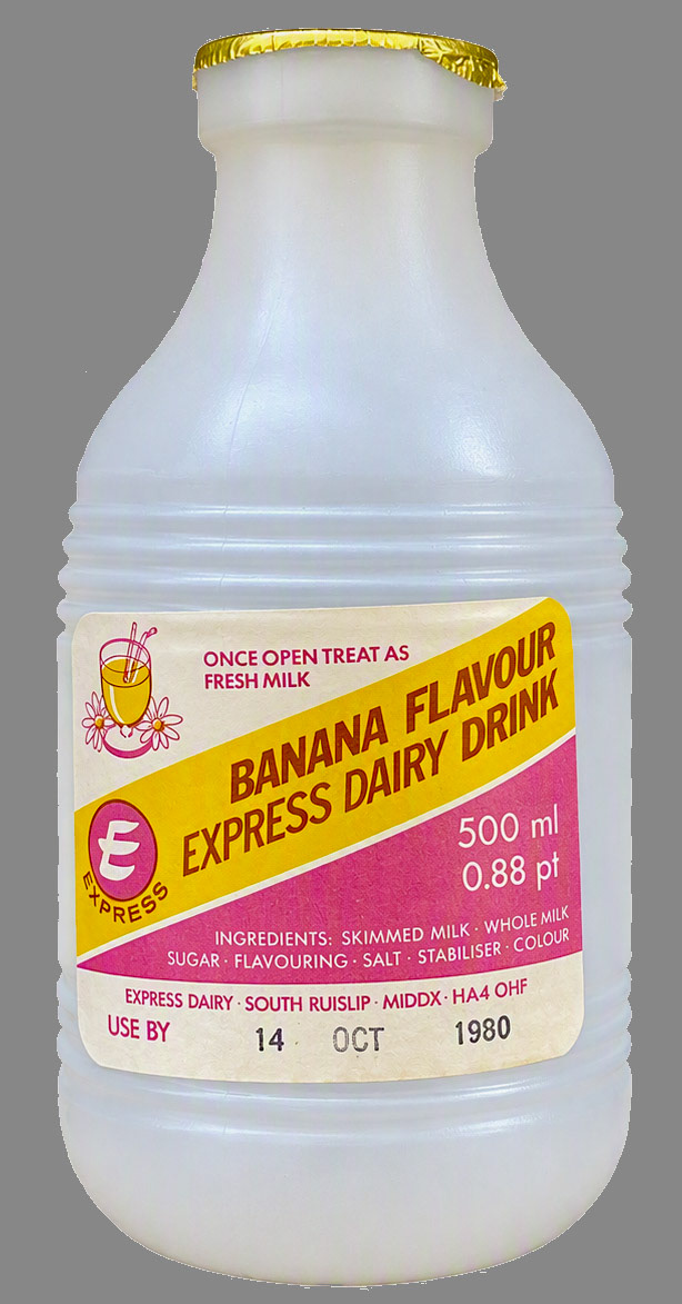 1980 Banana flavour drink, plastic bottle, sterilised. (Courtesy eBay-lanciamontecarlo1977)