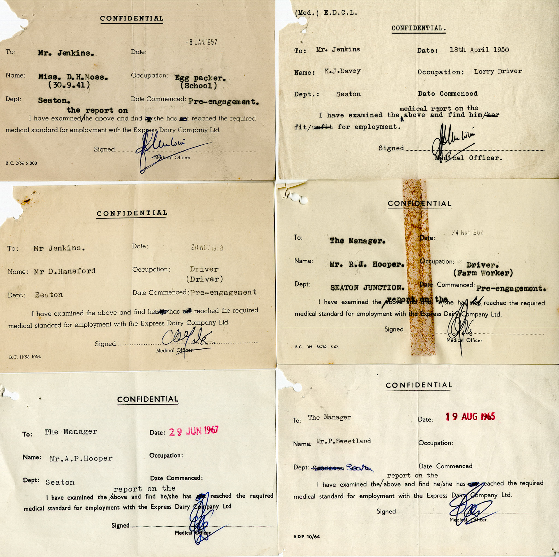 1950-1965 Seaton Junction staff fitness to work certificates for K.J. Davey (Lorry Driver-1950), Miss D.H. Moss (Egg Packer, School, 1957 aged 16), Mr D. Hansford (Driver pre-engagement, 1968), Mr R.J. Hooper (Driver, Farm Worker pre-engagement 1962), Mr A.P. Hooper 1967, Mr P. Sweetland 1965. (Courtesy Keith Sweetland)