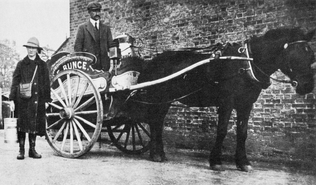 1920's? Bunce's Dairy-Fred Bunce and daughter Hilda-"The Bunce family has played no small part in the story of Hillingdon village, and here between the Wars, we see Fred Bunce and his daughter Hilda delivering milk—before the introduction of bottles. 'Milk direct from our own cows', claims Fred, and indeed the animals were to be seen daily walking from the dairy on Hillingdon Hill to fields in Royal Lane. The dairy continued to function for a few years after the Second World War." (Courtesy Heather Holden, image from Ken Pearce's 'Hillingdon Village Album')