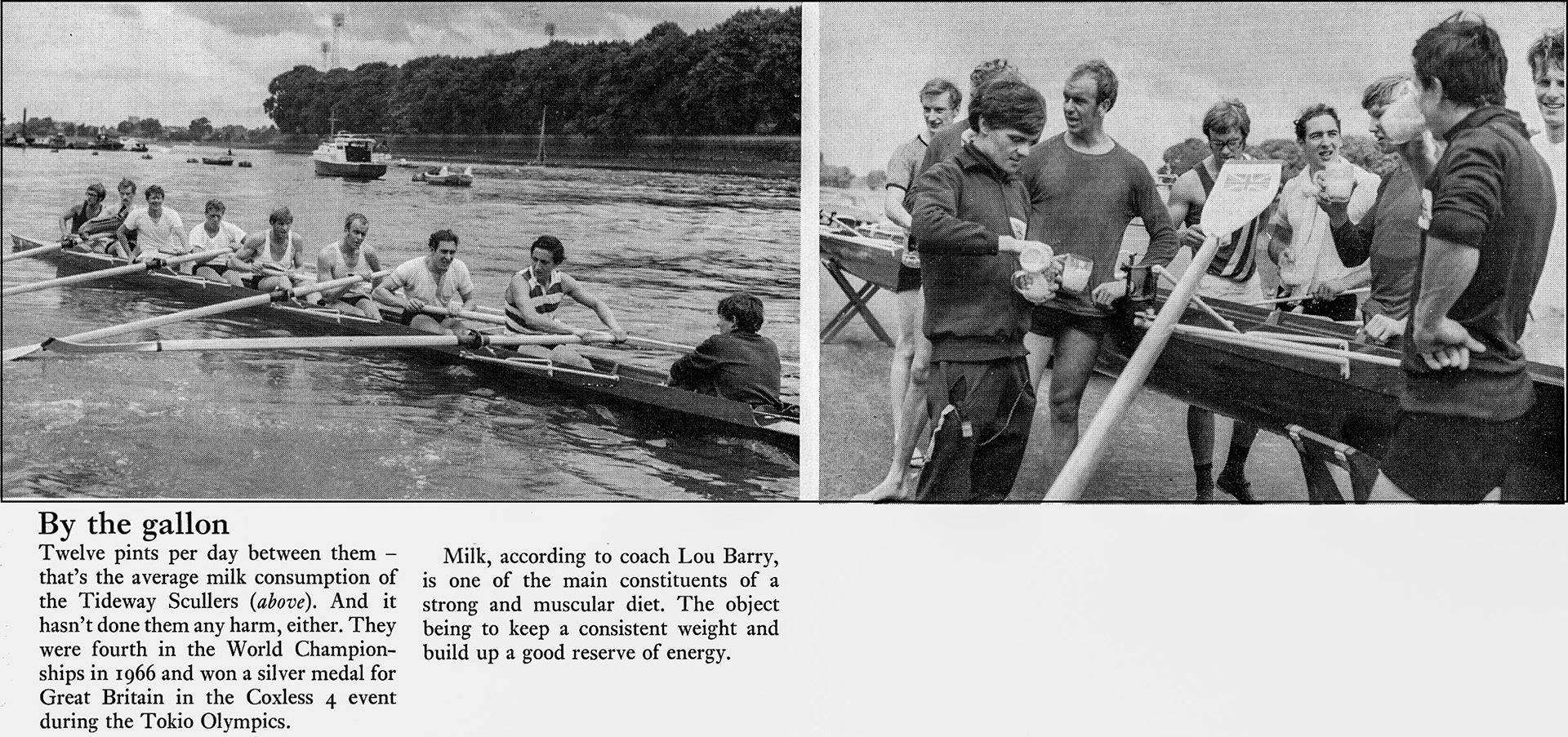 1969 The Tideway Scullers showing their prowess after drinking milk!(Express News Christmas)