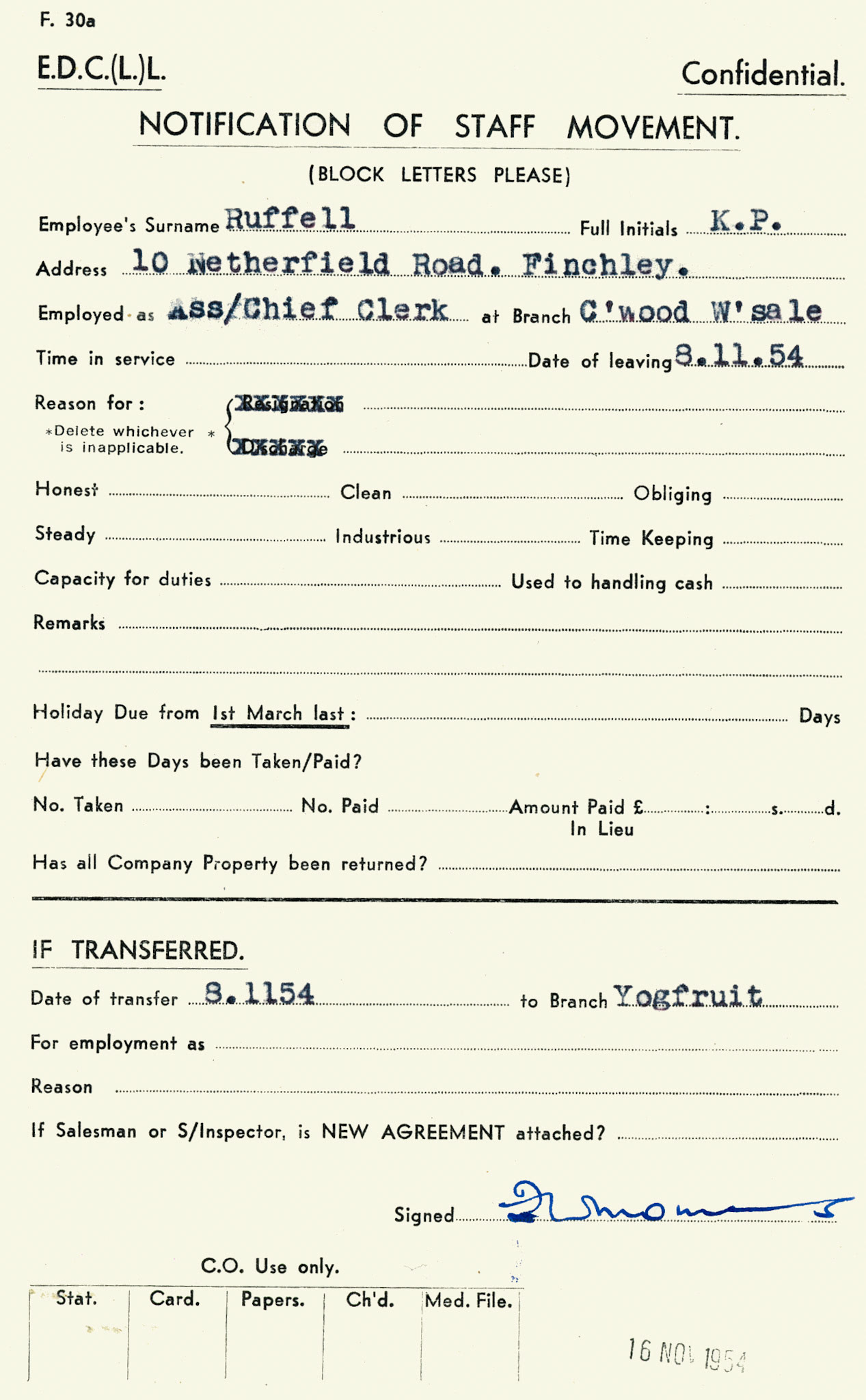 1954 Cricklewood-Kenneth Ruffell, previously employed as clerk in 1948, then promoted to Assistant Chief Clerk, now transferred to the Yogfruit Dept. (Courtesy Mark Hudson)