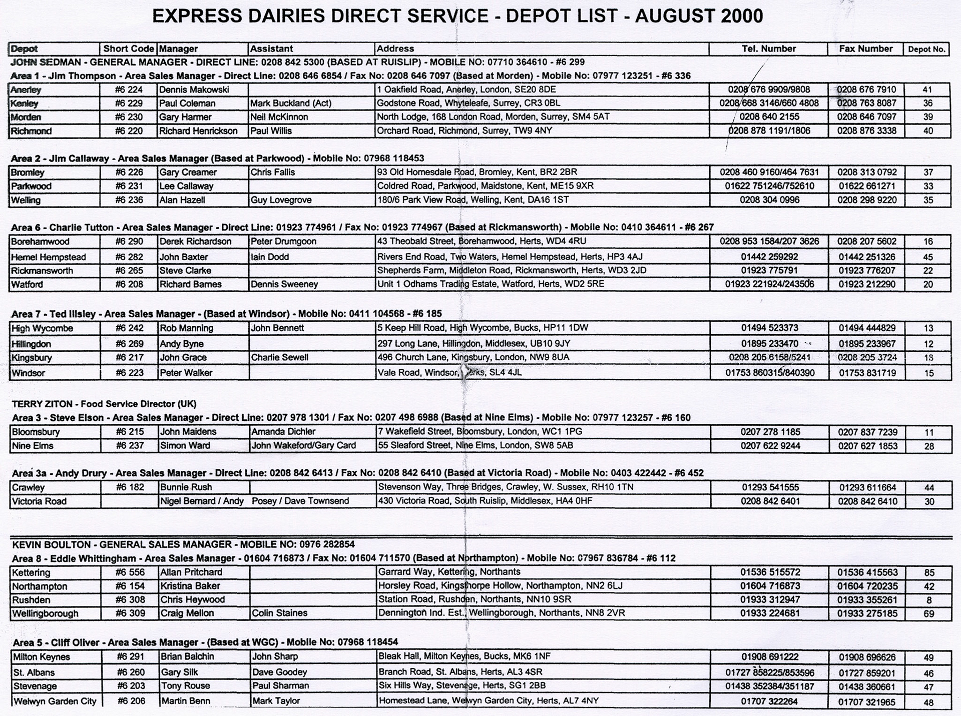 2000 Express Dairies Direct Depot List (Courtesy Paul Smith)