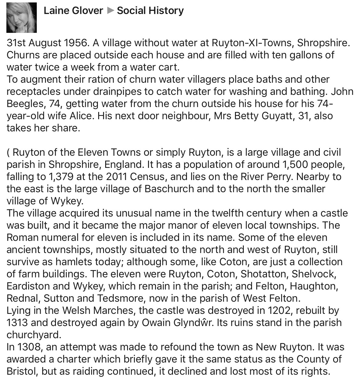 1956 Water shortage in Ruyton, and some recent history. (Courtesy Yoland Brown, Yoland@eleventowns.co.uk, www.eleventowns.uk/history.html)