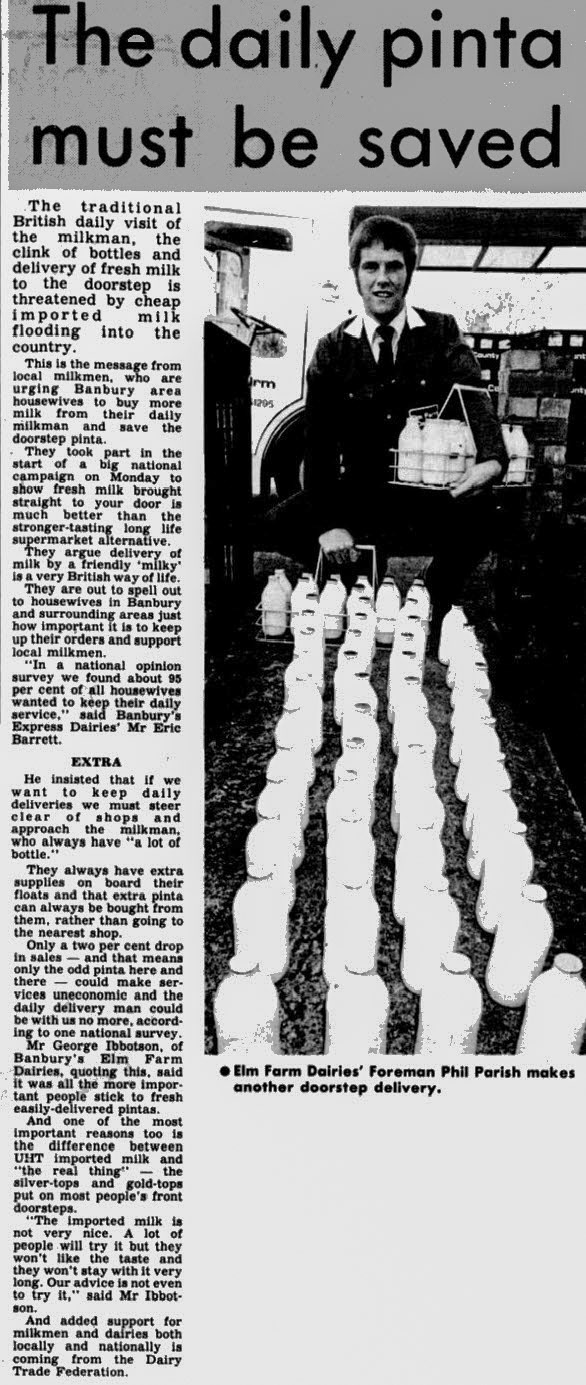 1980's? Banbury, Elm Farm Dairies promoting doorstep delivery. (Courtesy Phil Parish, from Banbury Guardian)