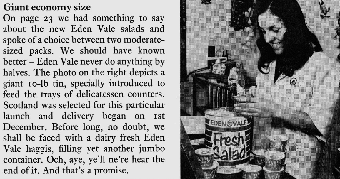1970 EdenVale launch 10 lb tins of salad for delis. (Express News Spring)