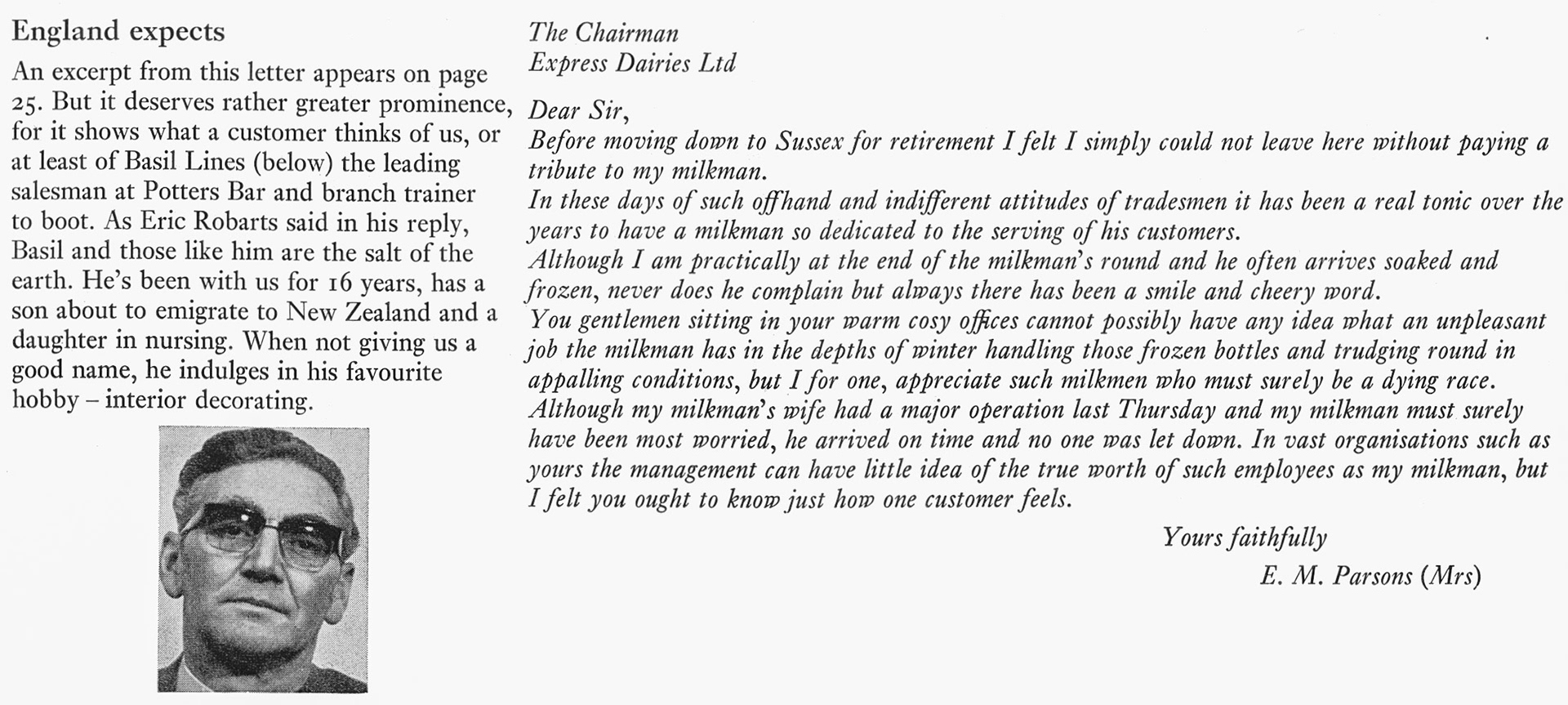 1973 Potters Bar salesman Basil Lines receives congratulations. (Express News Spring)