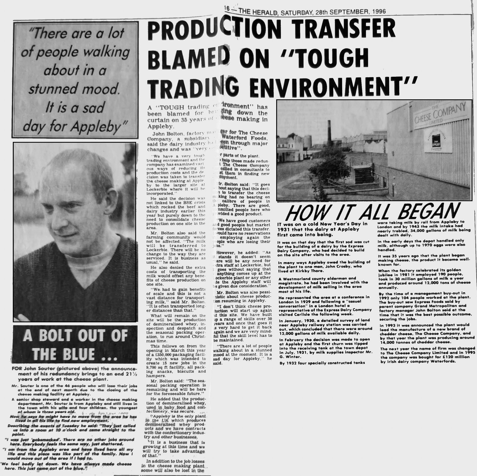 1996 (September). Cumberland &amp; Westmorland Herald following announcement of end of cheese making at Appleby. (Courtesy and comments by David Rooke)