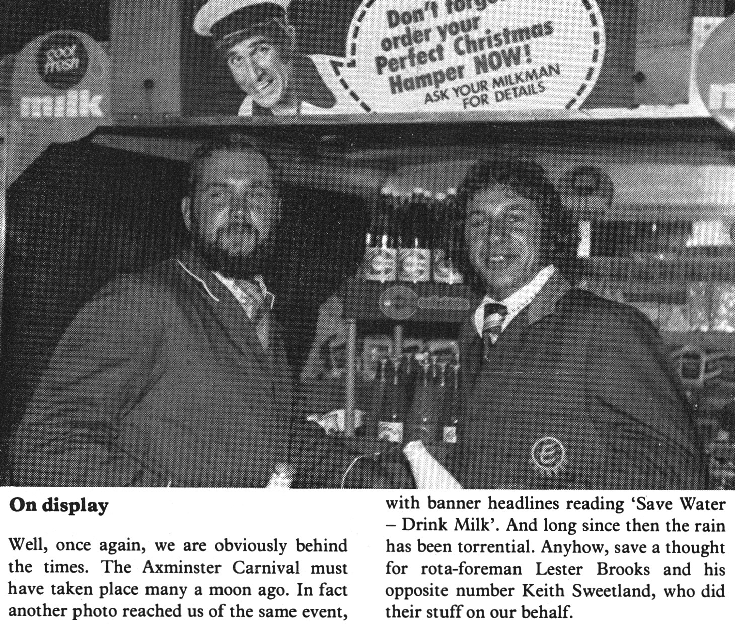 1977 Axminster Carnival with Rota Foreman Lester Brooks and Keith Sweetland. Ray Tutton comments "I was Lester's Assistant Manager at Seaton Junction, around 1982." (Express News Spring)