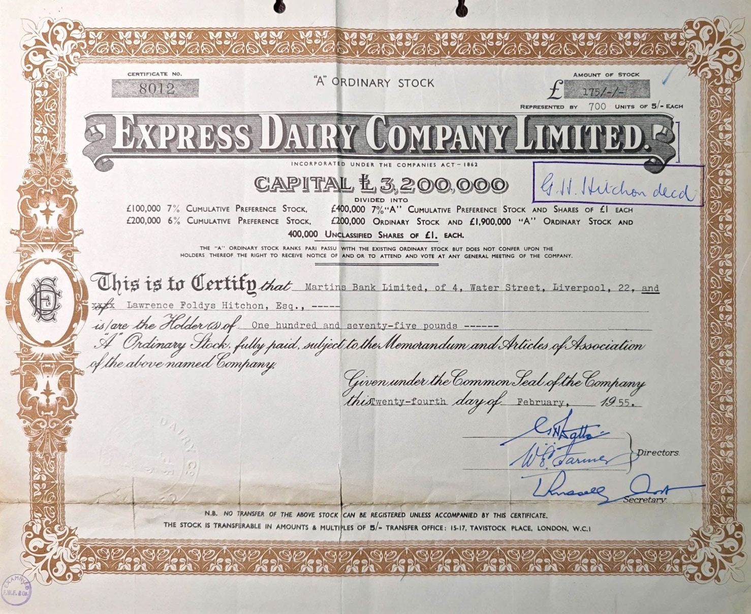 1955 Express Dairy Company Limited Share Certificate, £175 in the name of L. H. Hitchon. (Courtesy eBay)