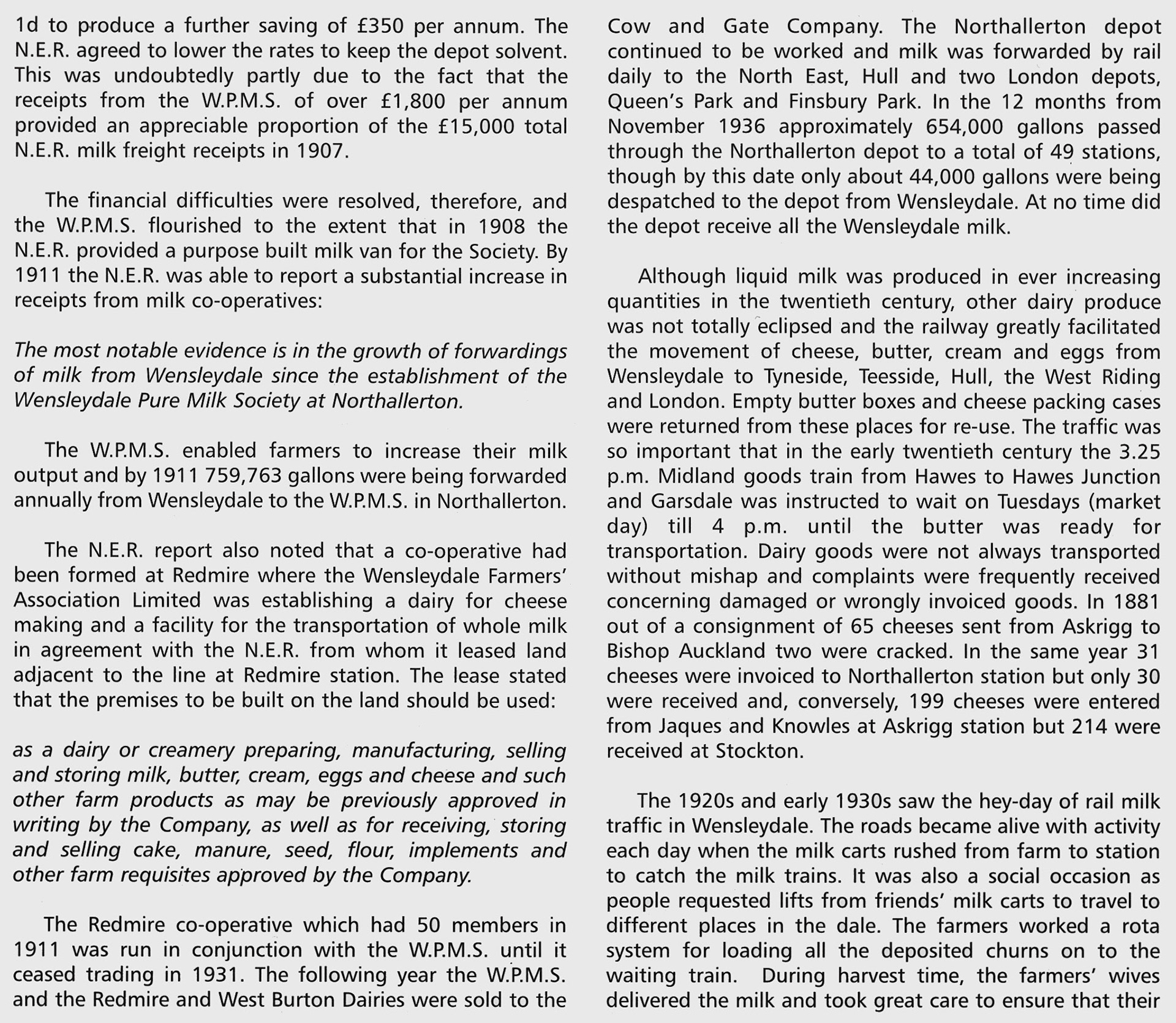 History of milk traffic in Wensleydale, extracts from The Wensleydale Railway, Author Christine Hallas, published 2004