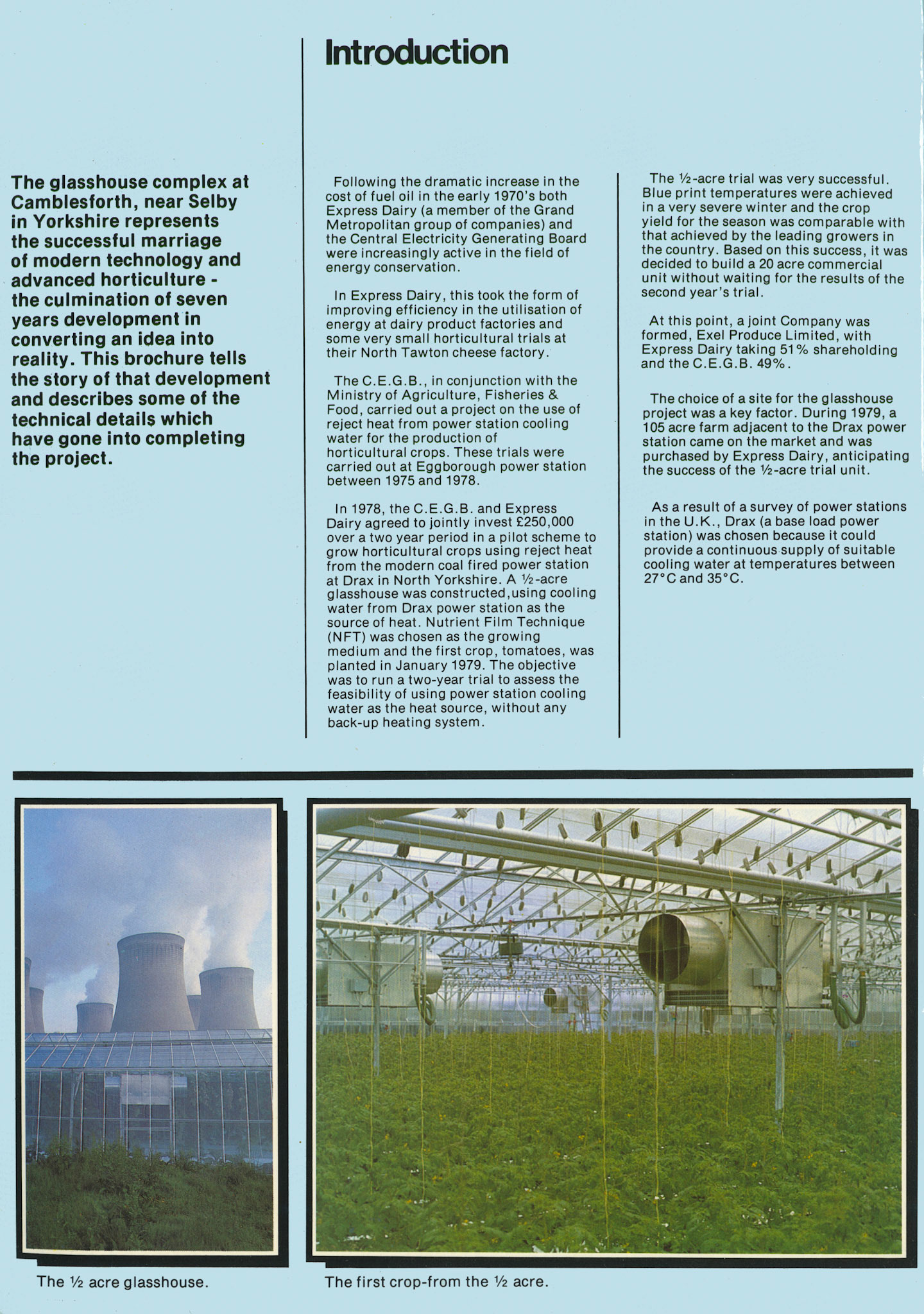 1981 Exel Produce Ltd Official Launch Brochure. Joint venture with Express and the C.E.G.B. at Drax Power station, Yorkshire.  Page 1. (Courtesy John Southwell)