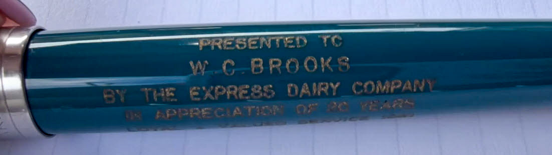 2026 Parker pen awarded to Mr W.C. Brooks of Highbury Depot in appreciation of 20 years service, at the Long Service Dinner held in the Connaught Rooms on 5th April 1961. (Courtesy Joanna Soffe)