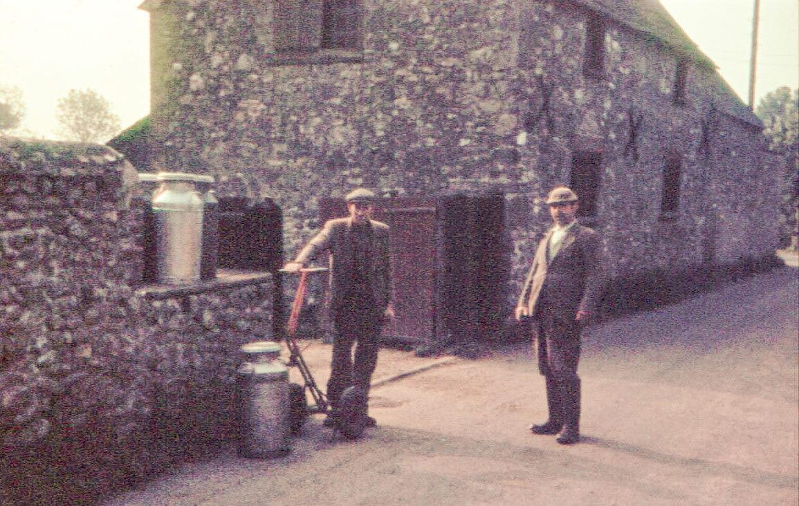 1950's Parrocks Farm, School Lane, Tatsworth, Chard. Jeremy Quick comments "The two gentlemen are Heber Quick (my grandfather) in the middle of the road and Art (Burgess) leaning on the milk churn trolley. Heber farmed there until his death in 1966 when my father Gerald Quick took it over. It was sold in 1990 on his death." (Courtesy  Jeremy Quick)