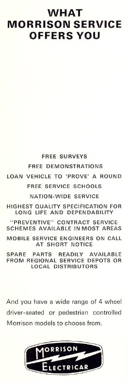 1969 Morrison Electricar E/Fg Mark III Brochure, covers E/Fg-16, -24 and -30 models. Printed October 1969. (Courtesy milkfloats.org.uk)