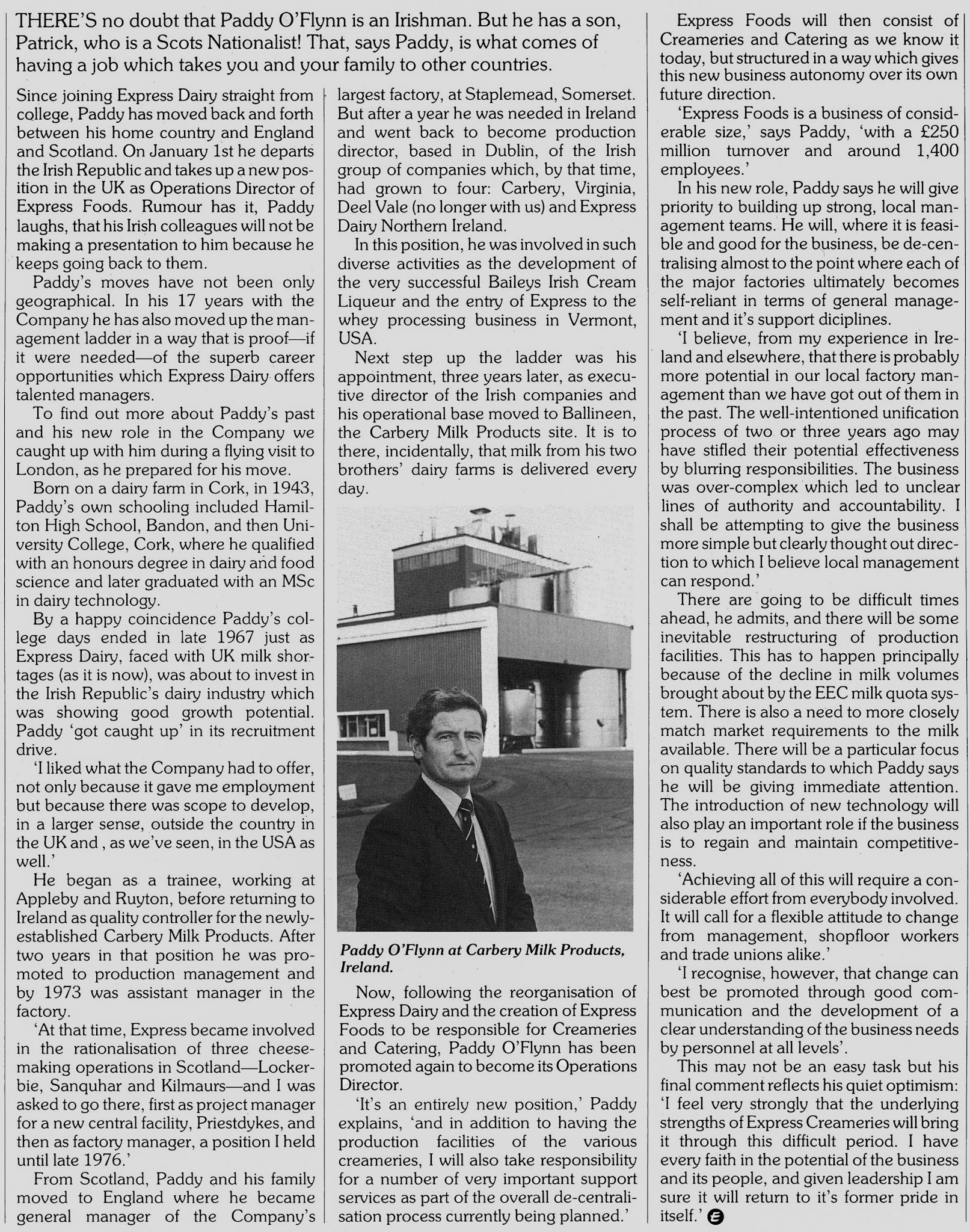 1984 Profile of Paddy O'Flynn, newly appointed Express Foods Operations Director. (Express News Winter)