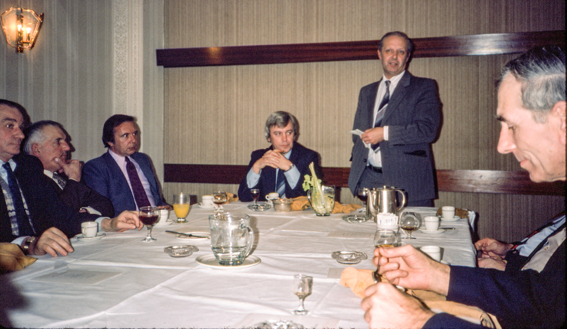 1981 Frank Lennard's retirement lunch, with Derek Gray, Operations Director presiding. L-R 'Mac Sennett, Sam Jones, George Hurren, Keith Farrell, Derek Gray and Frank Lennard