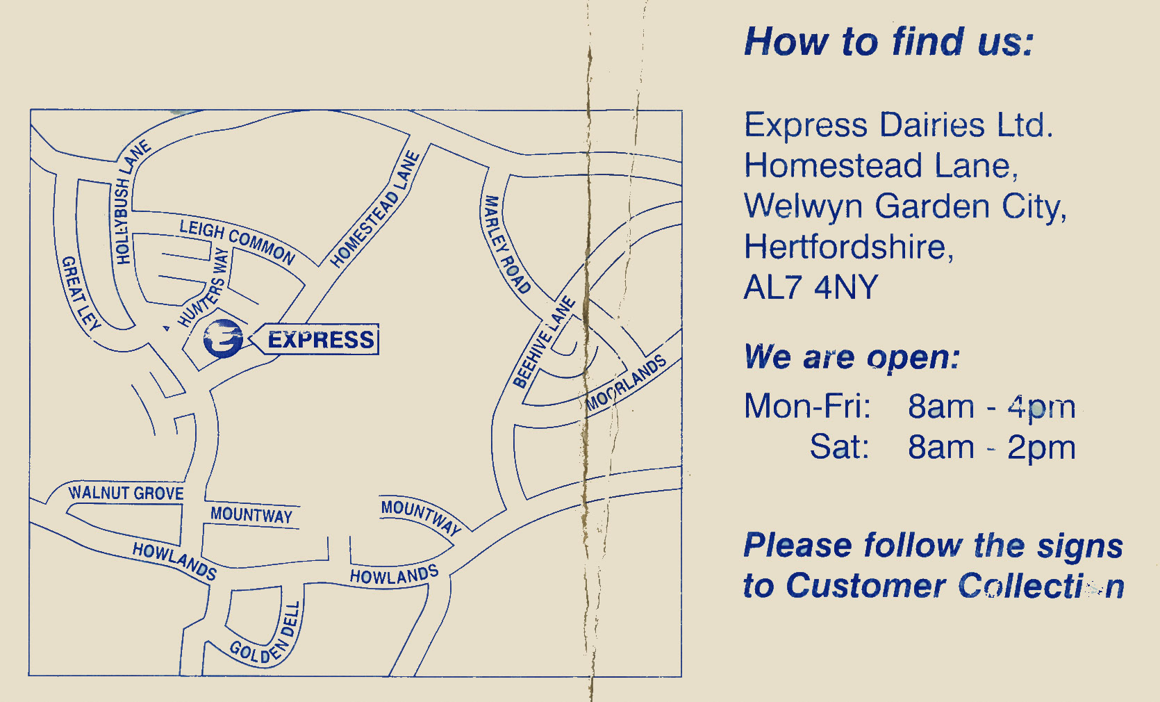 1980's? Milkman's Special Delivery notification with map, Welwyn Depot (Courtesy Michael Aldread)