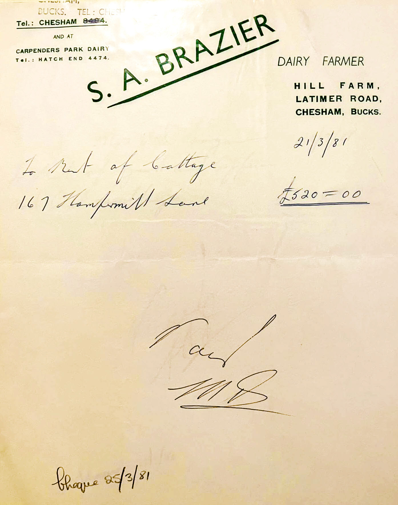 1981 Rent paid for property to Braziers. Paul Luke comments "Communication between local dairies organising rounds swaps in the early days" (Courtesy Paul Luke, Braziers Dairies FB)