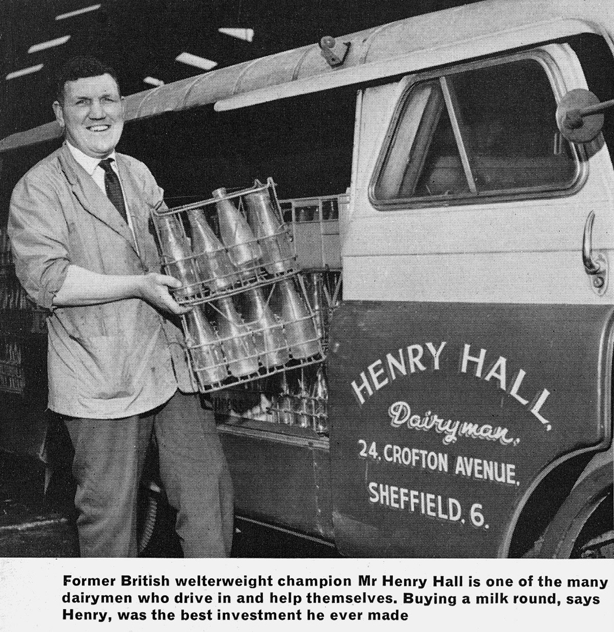 1966 Hillsborough, Sheffield Depot. Former British Welterweight champion Henry Hall is a bottled milk buyer. (Express News Summer 1966)