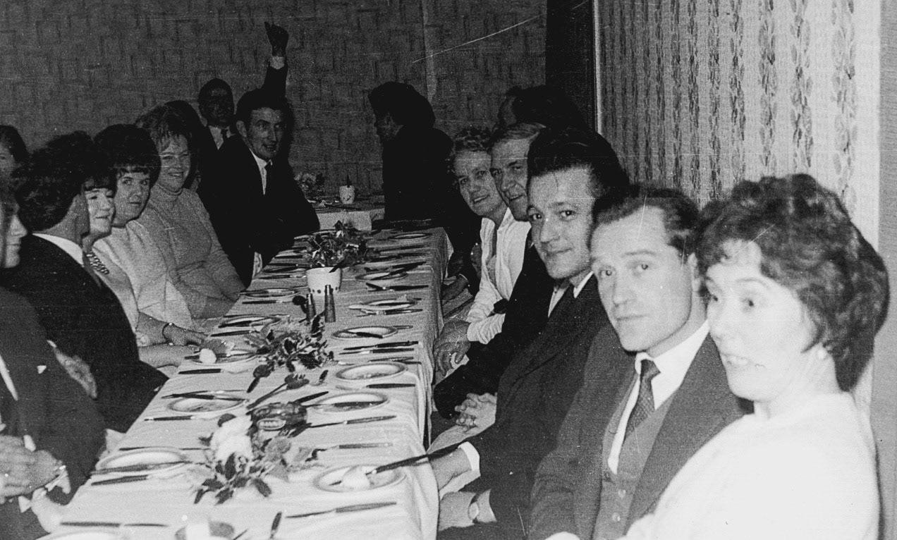 1953 "Chirbury Fitters Party. Herbert ?, Madge and David Cullis"  Ben Samuels adds "Les Bailey next to Dave Cullis." (Joe Lyons Collection)
