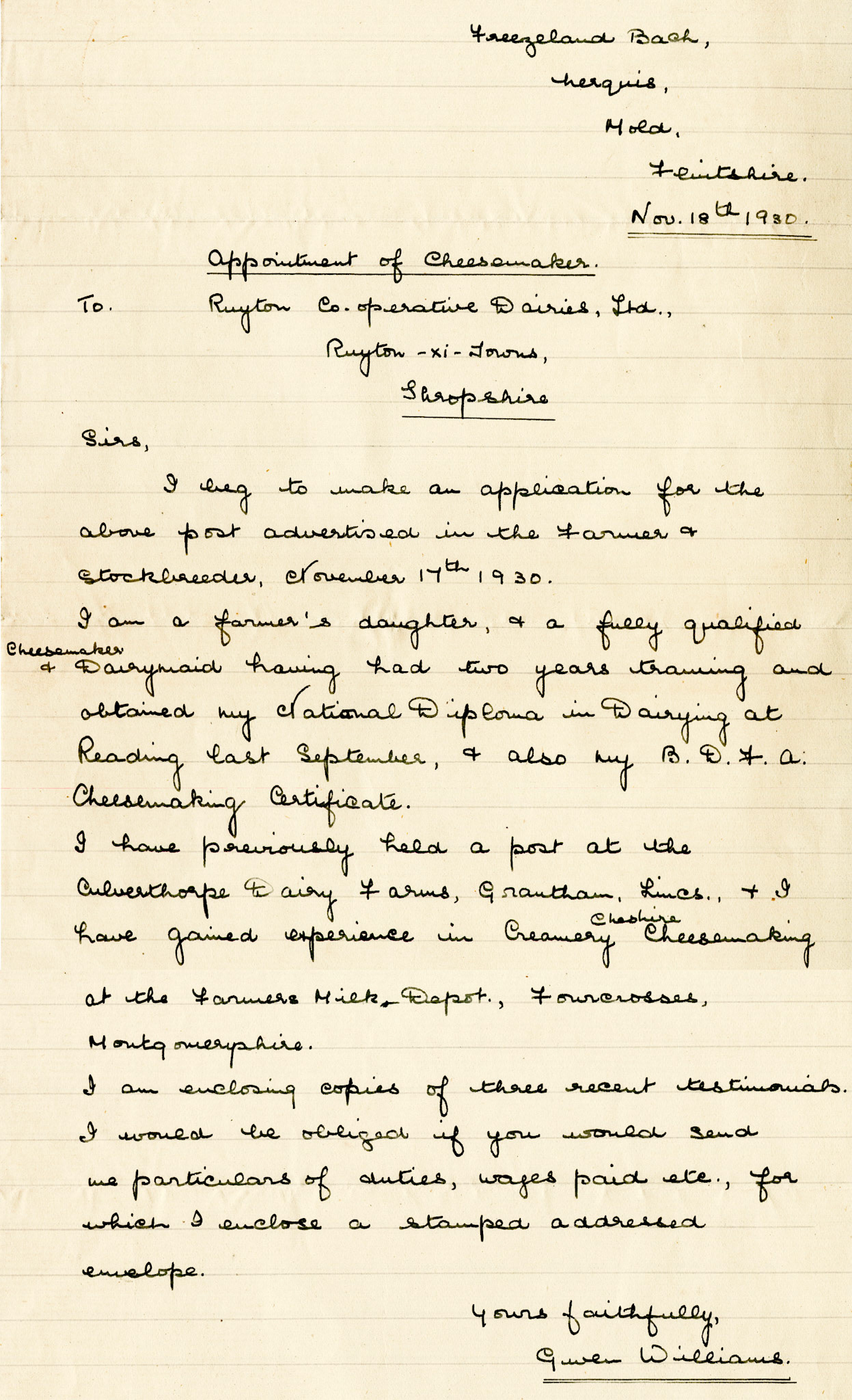 1930 Ruyton Co-operative Dairies-Cheesemaker Job Applications-Miss Gwen Williams.
