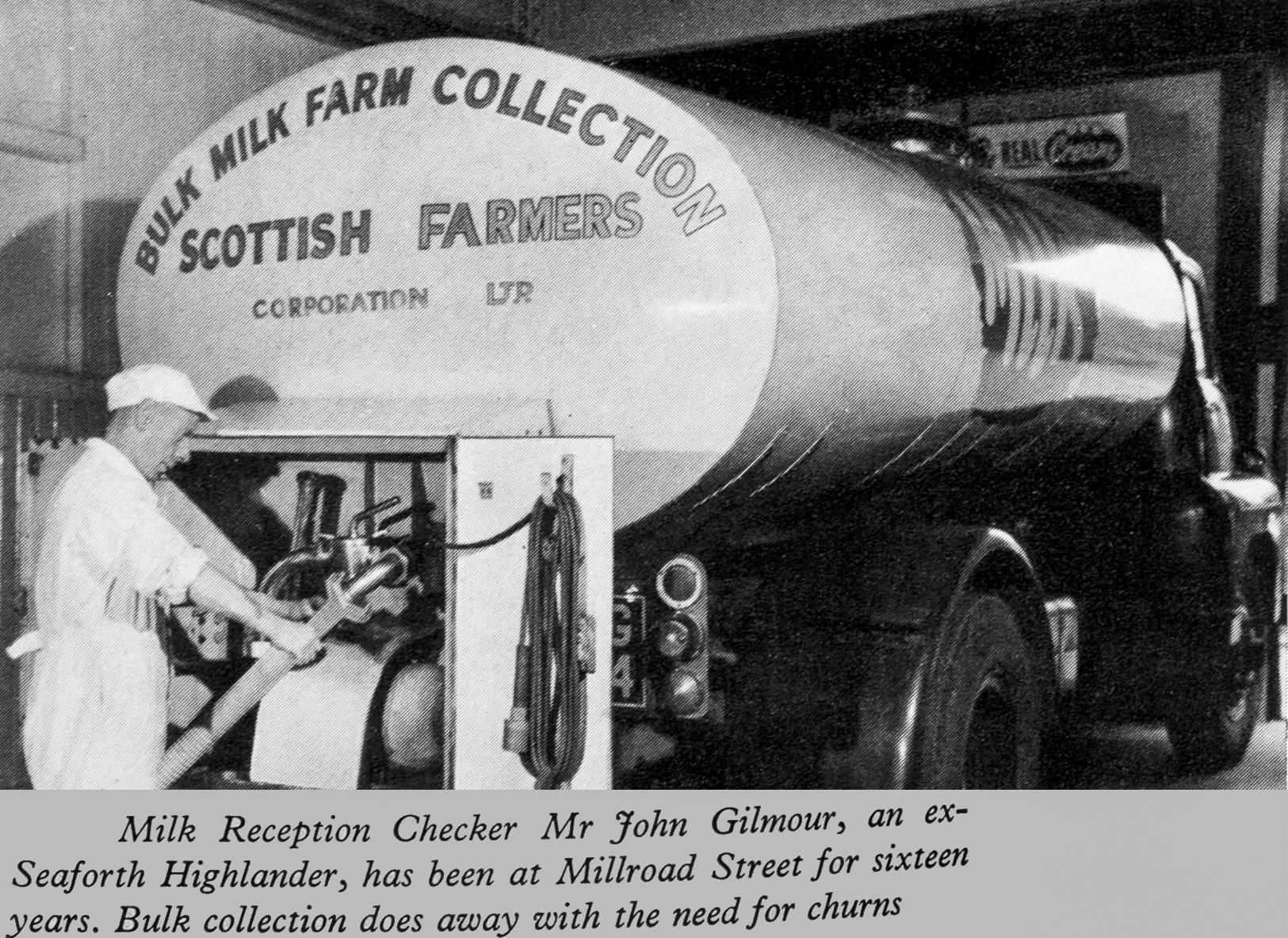 1961 Mr John Gilmour, Milk Checker unloads a bulk milk tanker at MillRoad Street. The dairy was the first to move to all bulk collection. (Express News Autumn)