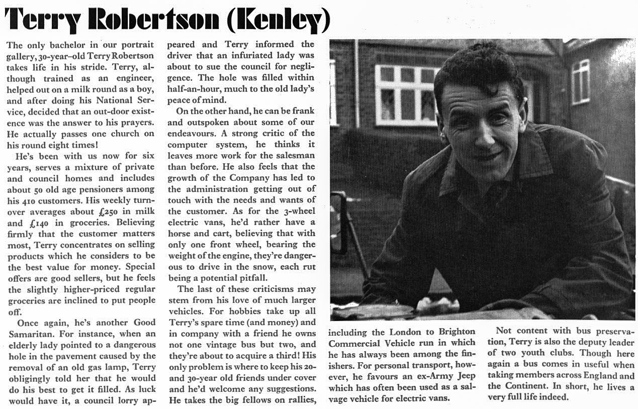 1969 Terry Robertson, Kenley. Express News article profiling milkmen from different depots (Express News-Spring)