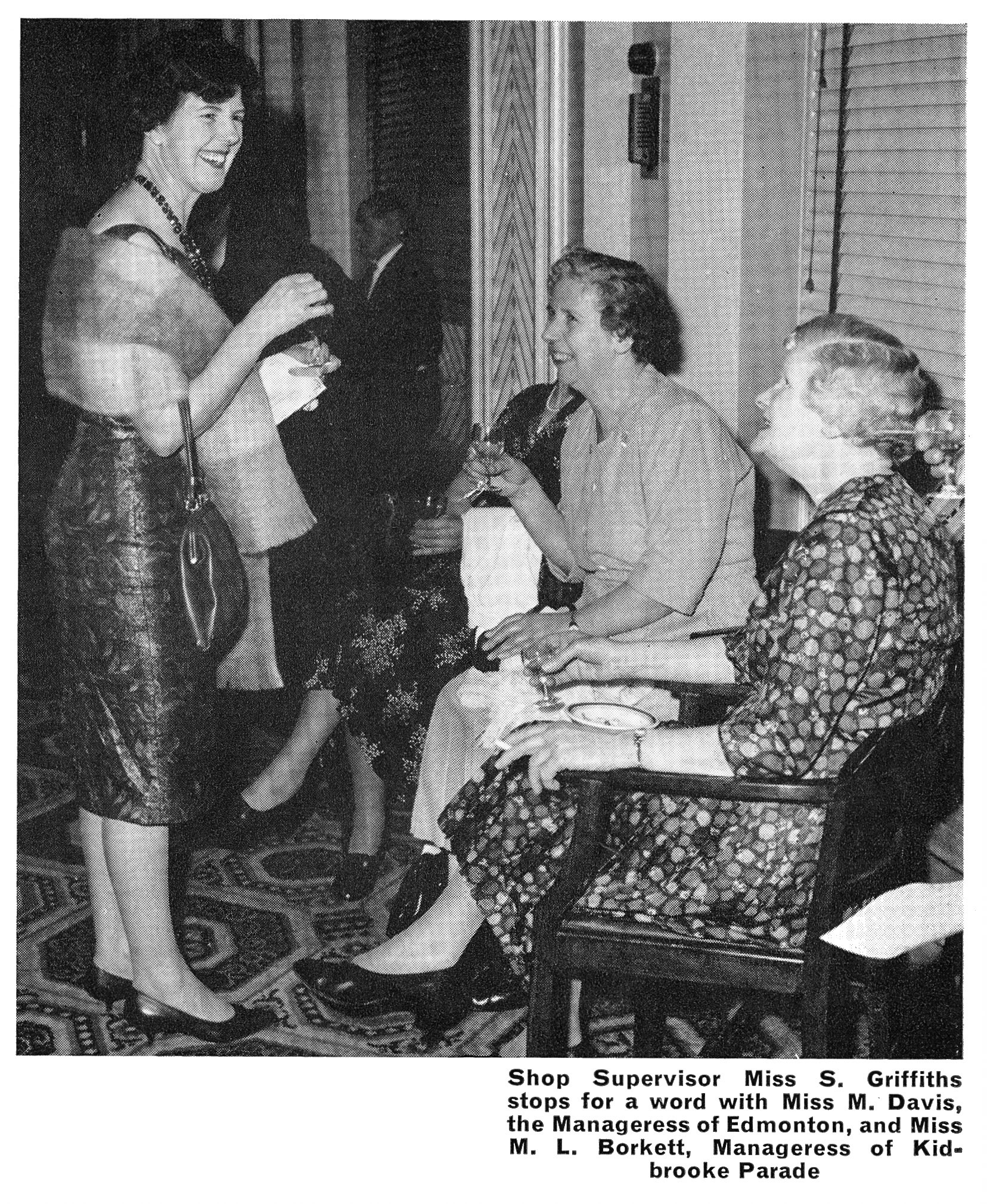 1964 Shop staff at Long service dinner: Miss S. Griffiths, Miss M. Davis (Edmonton), Miss M.L. Borkett (Kidbrooke Parade). From August 'Express Extra' newsletter (Courtesy Paul Luke)