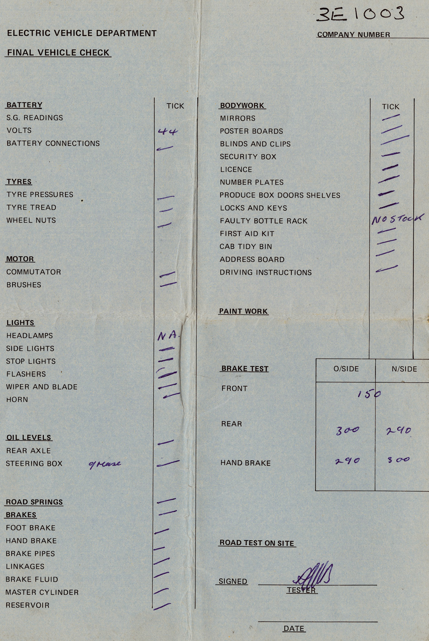 1980's Electric Vehicle Maintenance Final Vehicle Check Form (Courtesy Michael Aldread)