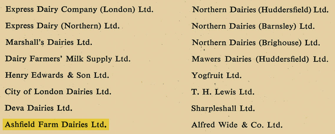 1953 entry in Sickness Scheme brochure, showing Ashfield Farm Dairies as part of Express Dairy.