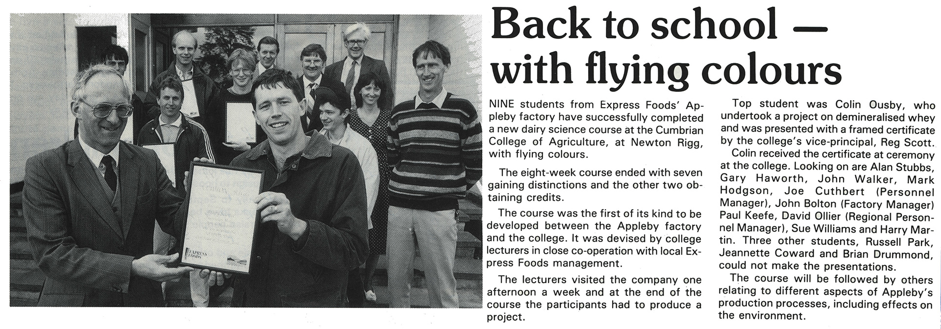 1989 Appleby students complete Dairy Science course at Newton Rigg (Courtesy Beryl Purslove)