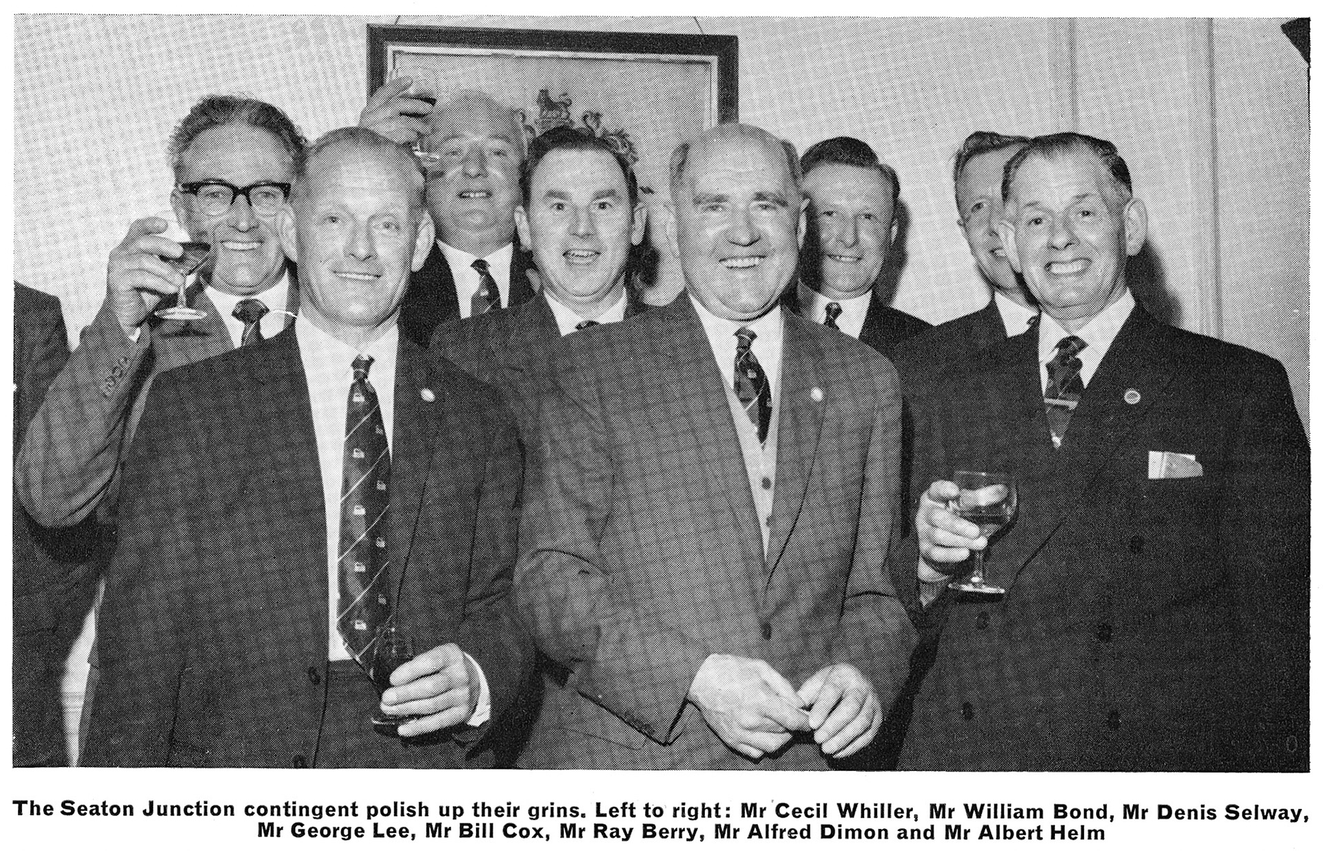 1964 Seaton Junction staff at Long Service dinner in Bath: Mr Cecil Whiller, Mr William Bond, Mr Denis Selway, Mr George Lee, Mr Bill Cox, Mr Ray Berry, Mr Alfred Dimon and Mr Albert Helm. From August 'Express Extra' newsletter (Courtesy Paul Luke)